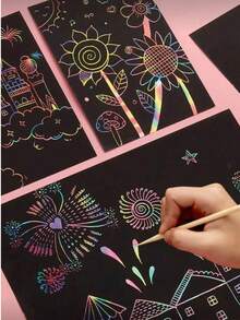 50pcs Magic Scratch Paper With 5pcs Bamboo Pens, Scratch Rainbow Art Paper Scratch Painting Kit With 5 Wooden Sticks Birthday Party Holiday Gift, Amazing Gift - Multicolor - View 3