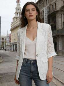 优雅镂空白色女士西装外套，2026春夏新款，休闲蕾丝西装上衣 - 白色 - 查看 5