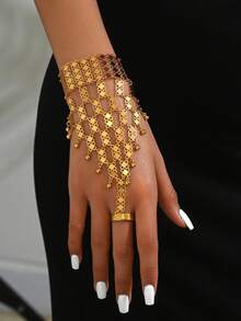 1pc Middle East Vintage Seed Coin Pendant Women Finger Hand Chain, Versatile Daily Accessory, Holiday Gift - Gold - View 7