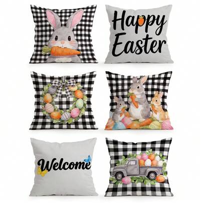 6pcs Easter Theme Black & White Plaid Rabbit, Egg, Text Graphic Printed Pillow Covers, Single-Sided Printing Cushion Covers, Suitable For Living Room, Bedroom, Home Decor, All Seasons - Pillow Insert Not Included