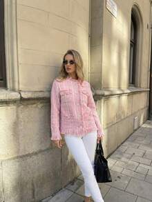 Women's Pink Fringe Trim Jacket, Elegant Eye-Catching Winter Coat, Charming Party Outfit For Christmas And New Year's Eve, Luxury Evening Jacket - Pink - View 5