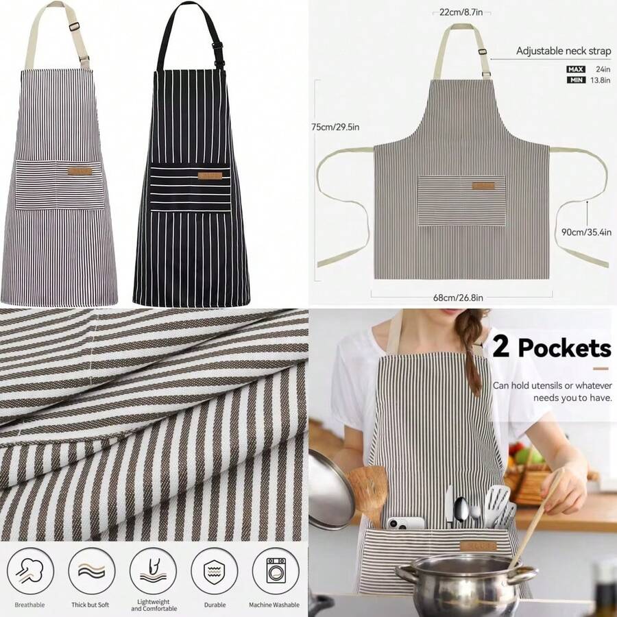 2 Pack Adjustable Cooking Aprons For Women And Men Soft Kitchen Bib Apron With 2 Pockets Lightweight Chef Apron For Baking - tạp dề kẻ sọc - Xem 1