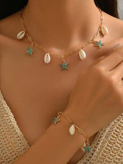 1 pieza Pulsera + 1 pieza Collar, Conjunto de joyas de estilo casual de océano con gota de aceite, estrella de mar y cadena de conchas, adecuado para uso diario y vacaciones de mujeres