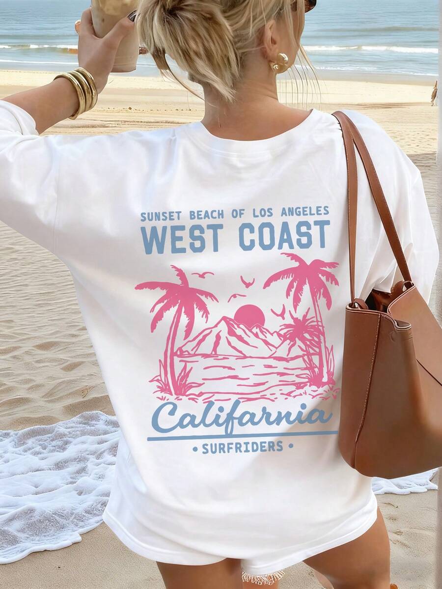 Áo thun nữ tay ngắn cổ tròn kiểu dáng mùa hè mới, in hình cây cọ tối giản, phù hợp mặc hàng ngày. Áo thun in hình dành cho nữ, màu trắng/đen/hồng, thích hợp cho kỳ nghỉ.