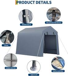 Refugio de almacenamiento exterior de 2,1 x 3 m, cochera portátil con puerta y ventanas enrollables con cremallera y ventilación, lona impermeable de alta resistencia. - B - Ver 6