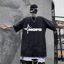男士做旧黑色运动T恤，雪花水洗字母印花设计，适合春夏穿着 - 黑色 - 查看 1
