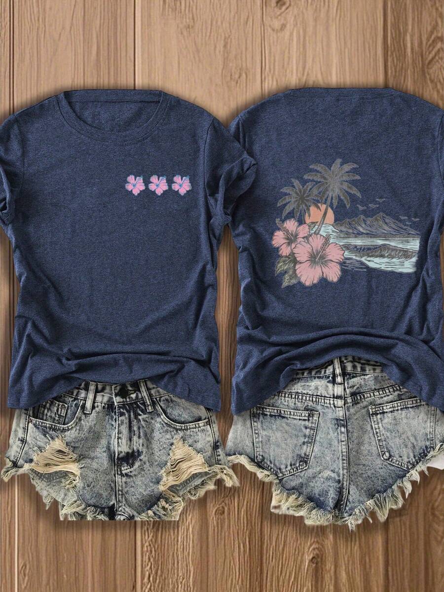 Tropical Paradise Double-Sided Print T-Shirt | Exotic Floral & Palm Tree Design For Beach Lovers | Soft Cotton Blend Vacation & Summer Wear - Navy Blue - View 1
