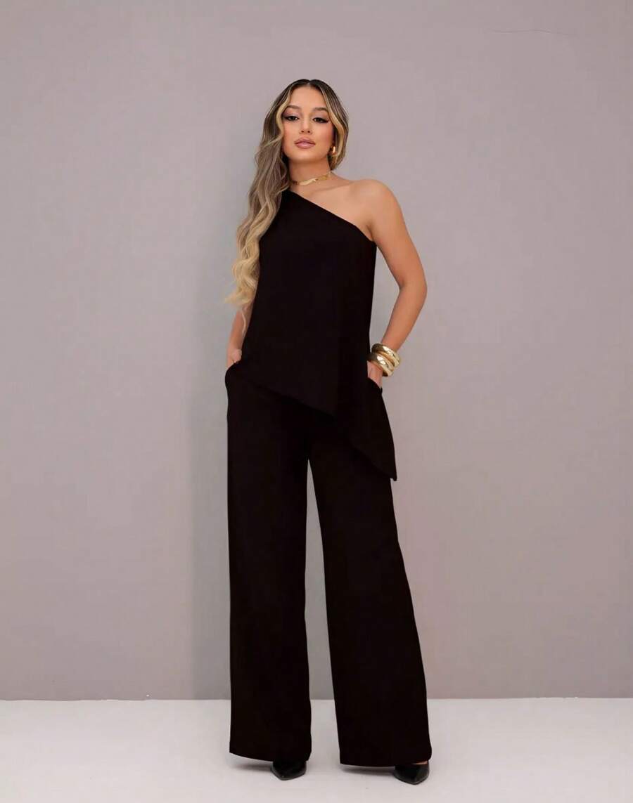 Women's Set: Wide Leg Pants, Blouse, Zero Sleeve Tunic, Elegant Casual Tailoring - Black - View 1