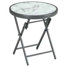 Folding Side Table In Marble-Effect Glass, Small Camping Table, Round Sofa Table, Balcony Table, Patio Table, Living Room Table, Office Table, 45 X 45 X 50 Cm, White - A - View 1