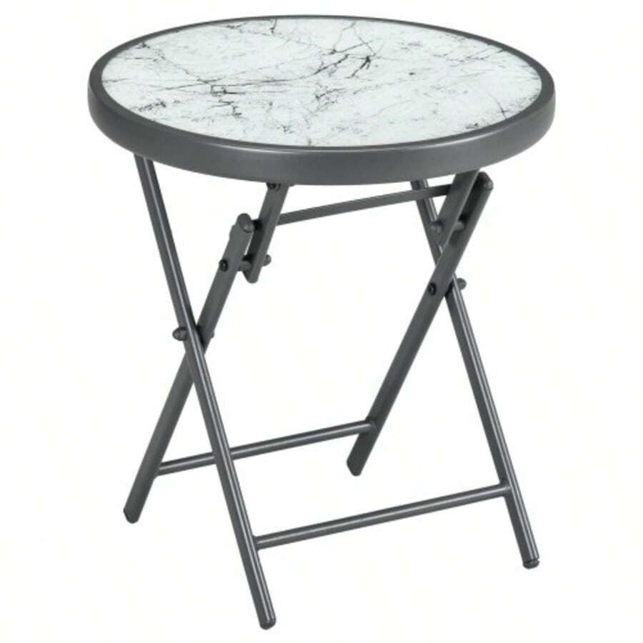 Folding Side Table In Marble-Effect Glass, Small Camping Table, Round Sofa Table, Balcony Table, Patio Table, Living Room Table, Office Table, 45 X 45 X 50 Cm, White - A - View 1