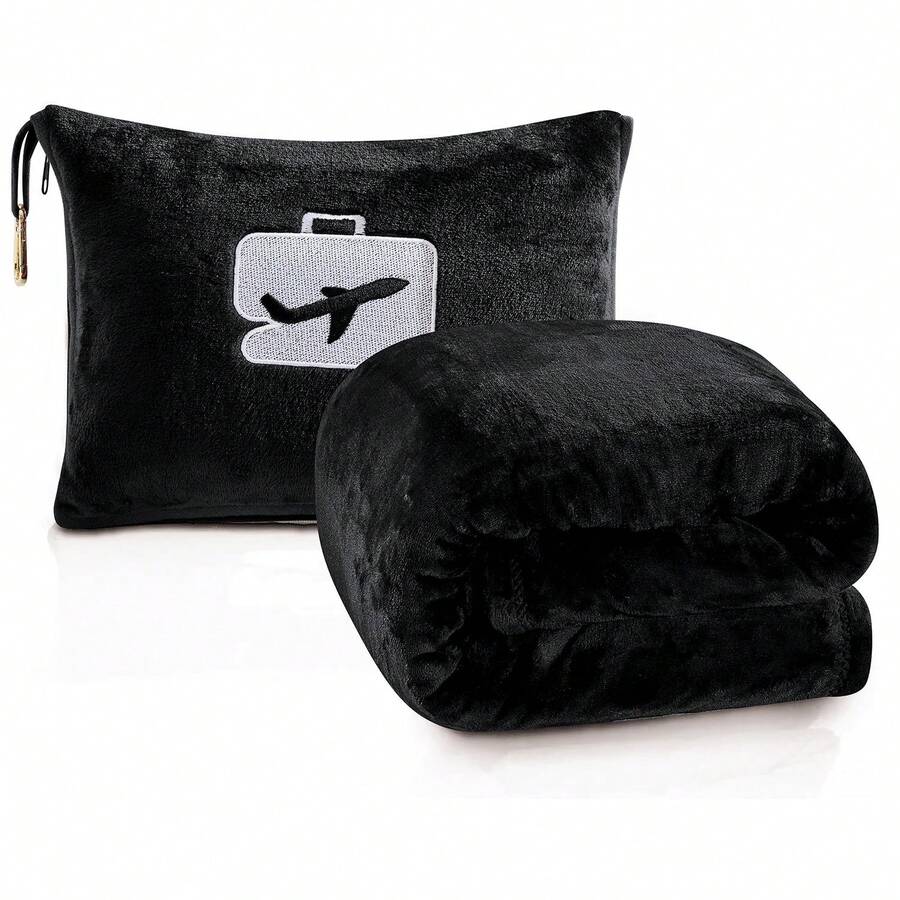 Comfort Fly 2-In-1 Travel Blanket & Pillow – Ultra Soft Micro Plush Airplane Blanket With Built-In Carry Case (40" X 70") – Lightweight, Compact & Machine Washable Travel Essential - 黑色 - 查看 1