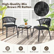 COSTWAY 3 Piece Outdoor Wicker Furniture Set, Rattan Chairs Set Of 2 W/ Tempered Glass Coffee Table, Quick Dry Foam Padded Seat & Rope Woven Back, For Backyard, Porch, Poolside, Black - Brown - View 8