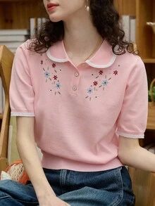 Simple Retro Women's Flower Embroidery Bumper Button Half-Placket Short Sleeve Knit Pink Top Summer Tops Summer Clothes Women Commuter Office Interview French Elegance - Pink - View 6
