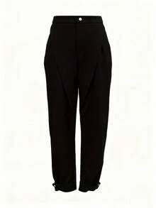 Solid Color Loose Casual Drawstring Pants, Fashionable Side Pockets Design Trousers, Women Black - Black - View 2