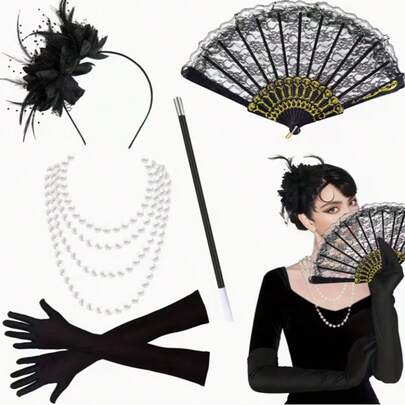 5-Piece Set, 20th Century Party Outfit, Suitable For Themed Parties, Gatsby Role-Playing, And 1920s Dance Events, Featuring A 1920s Women's Panel Costume Set With Headband, Necklace, Gloves, And Accessories - Roaring 1920s Costume