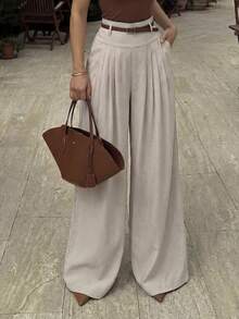 ANCHOSE Women's High Waist Pleated Wide Leg Casual Pants, Lightweight, Suitable For Vacation, Daily Wear, Commuting, Minimalist Style, Spring/Summer - American Apricot - View 4