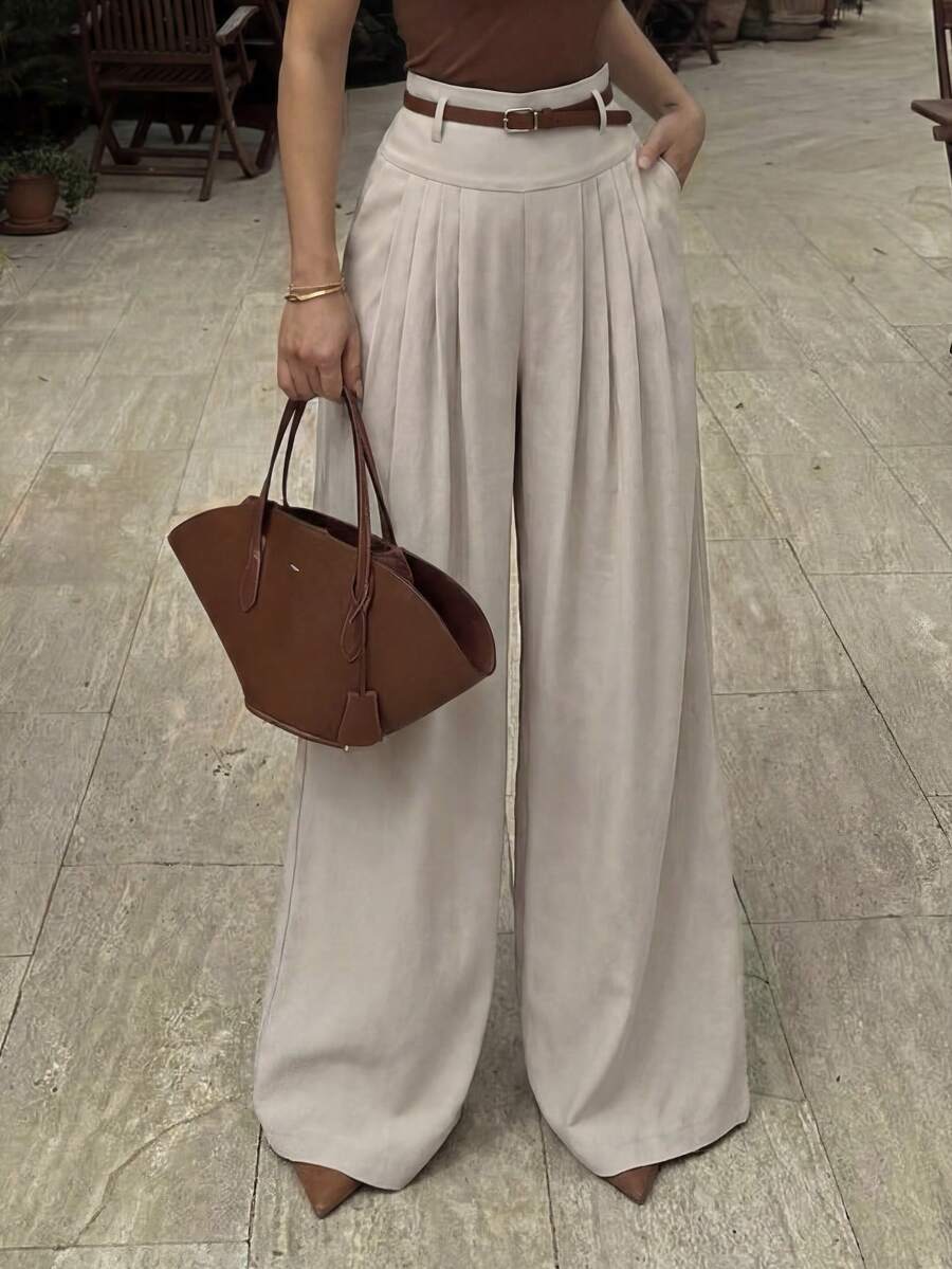 ANCHOSE Pantalones casuales de cintura alta con pliegues y pierna ancha, livianos, adecuados para vacaciones, uso diario, ir al trabajo, estilo minimalista, para primavera/verano - albaricoque americano - Ver 1