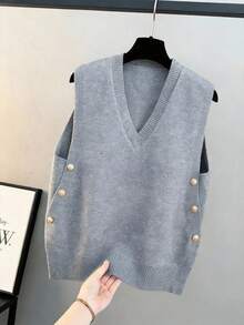 纯灰色罗纹针织背心，V领金色纽扣前襟无袖修身款上衣，适合春夏办公室、毕业派对和优雅约会之夜穿着。 - 灰色 - 查看 4