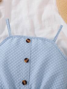 2pcs/Set Young Girl' Blue Strap Top With Buttons And Bow Shorts, Casual Summer Outfit - Mint Blue - View 4