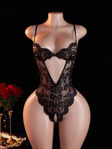 Women's Sexy Black Open-Crotch Lace Bodysuit For Valentine's Day And New Year, With Backless Transparent Bow-Tie Stockings, Suitable For Loungewear Or Private Parties, Sexy Lingerie. - 黑色 - 查看 4