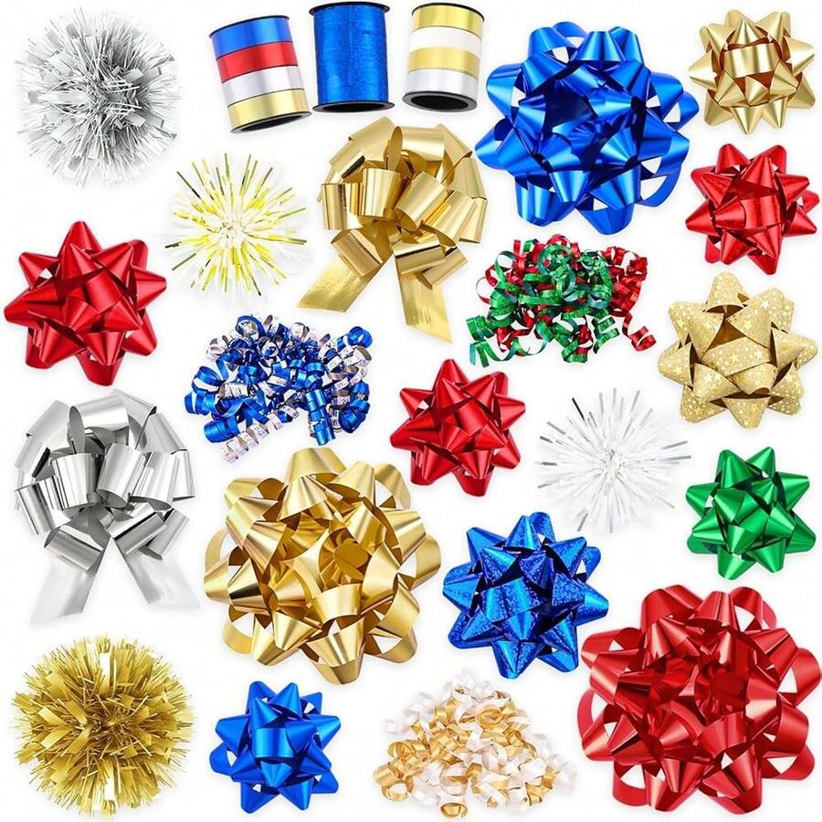 YUJUN 23PCS Christmas Gift Bows Decoration Set Xmas Pull Paper Present Bows Assortment With Gift Ribbons Wrapping Bows For Christmas New Year Wedding Decoration(Red Blue) - Red & Blue - View 1