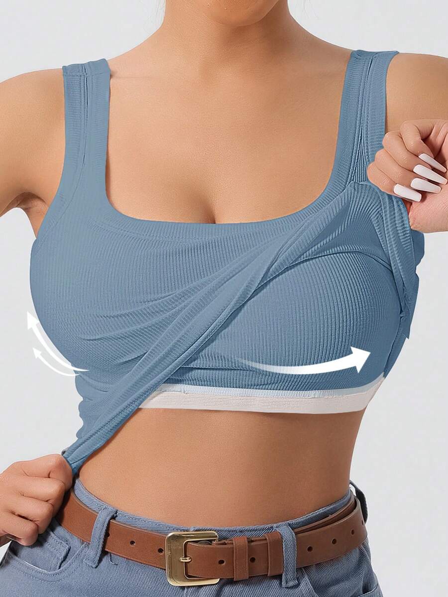 Ladies' Large U-Shaped Beautiful Back Casual Sports Vest, Women's Detachable Chest Pad, Fitted Solid Color, Worn Inside And Outside, Base Layer, Tank Vest - 淺藍色 - 查看 1