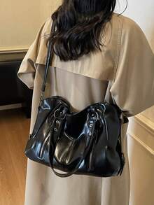 Retro Minimalist Large Capacity Fashion Student/Work Commute Tote Bag - Black - View 9