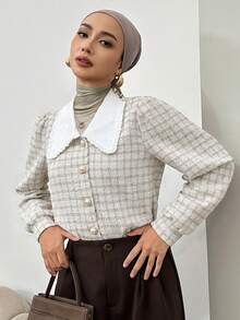 DAZY 女士撞色领泡泡袖衬衫、长袖上衣、秋装格子 - 杏色 - 查看 1