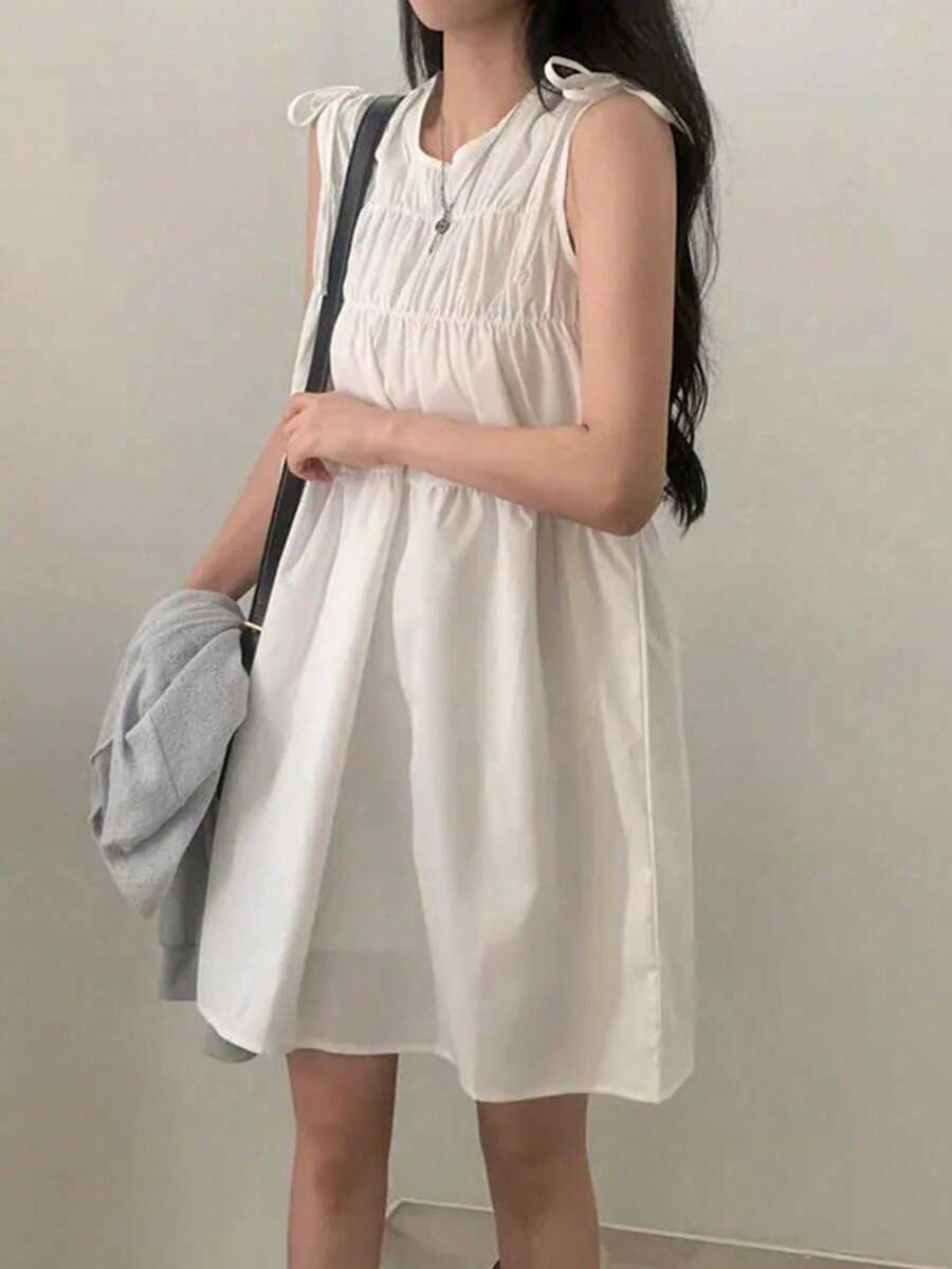 Vintage Pleated Bowknot Tie Sleeveless Mini Dress For Petite Women, Summer White Elegant - White - View 1