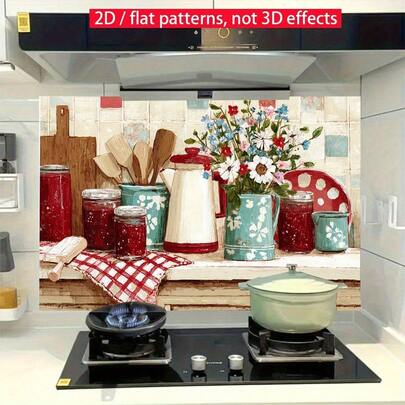 1pc 2D Flat Sticker, Kitchen Countertop Scene, With Kettle, Flowers, Etc., Vibrant, PVC Trash Can Sticker, Removable Decoration, Weatherproof, Suitable For Garden/Home