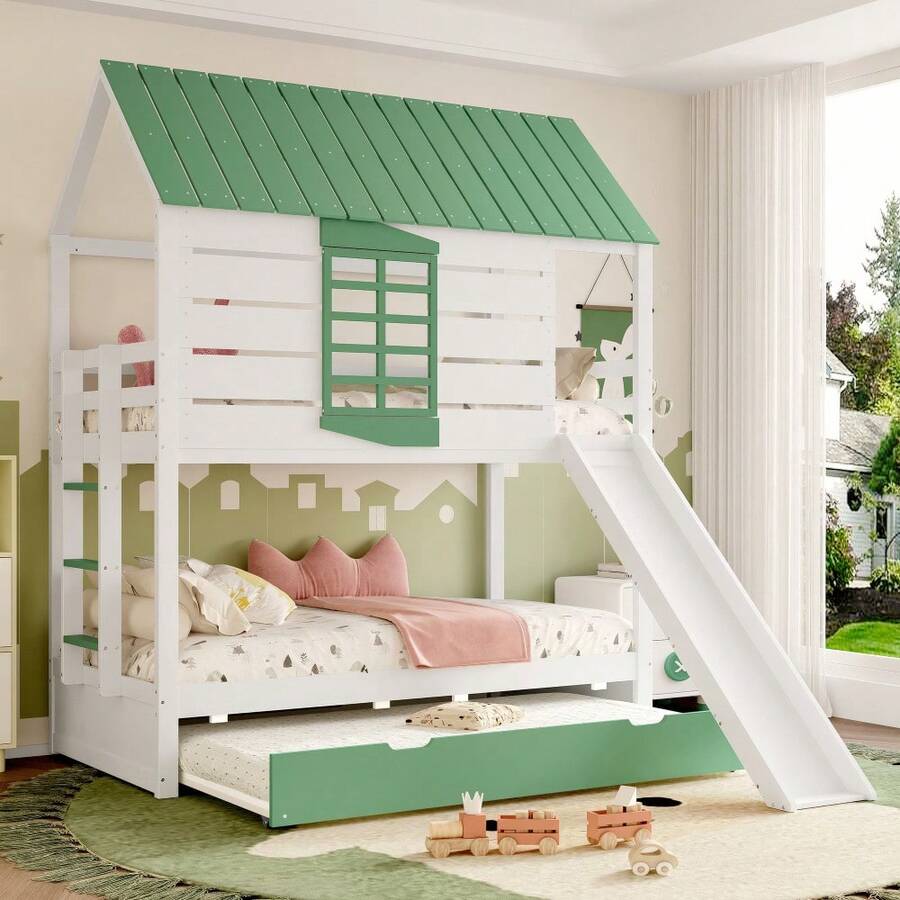 Kids Bed Frames, Headboards & Footboards - White+Green + MDF + Pine + Plywood + 90cm*200cm-1 - View 1