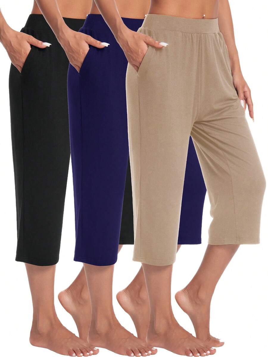 3 Pack Capri Pants For Women Loose Lounge Cropped Sweatpants Joggers Yoga Casual Workout Pants With Pockets - 黑色,深藍,卡其 - 查看 1