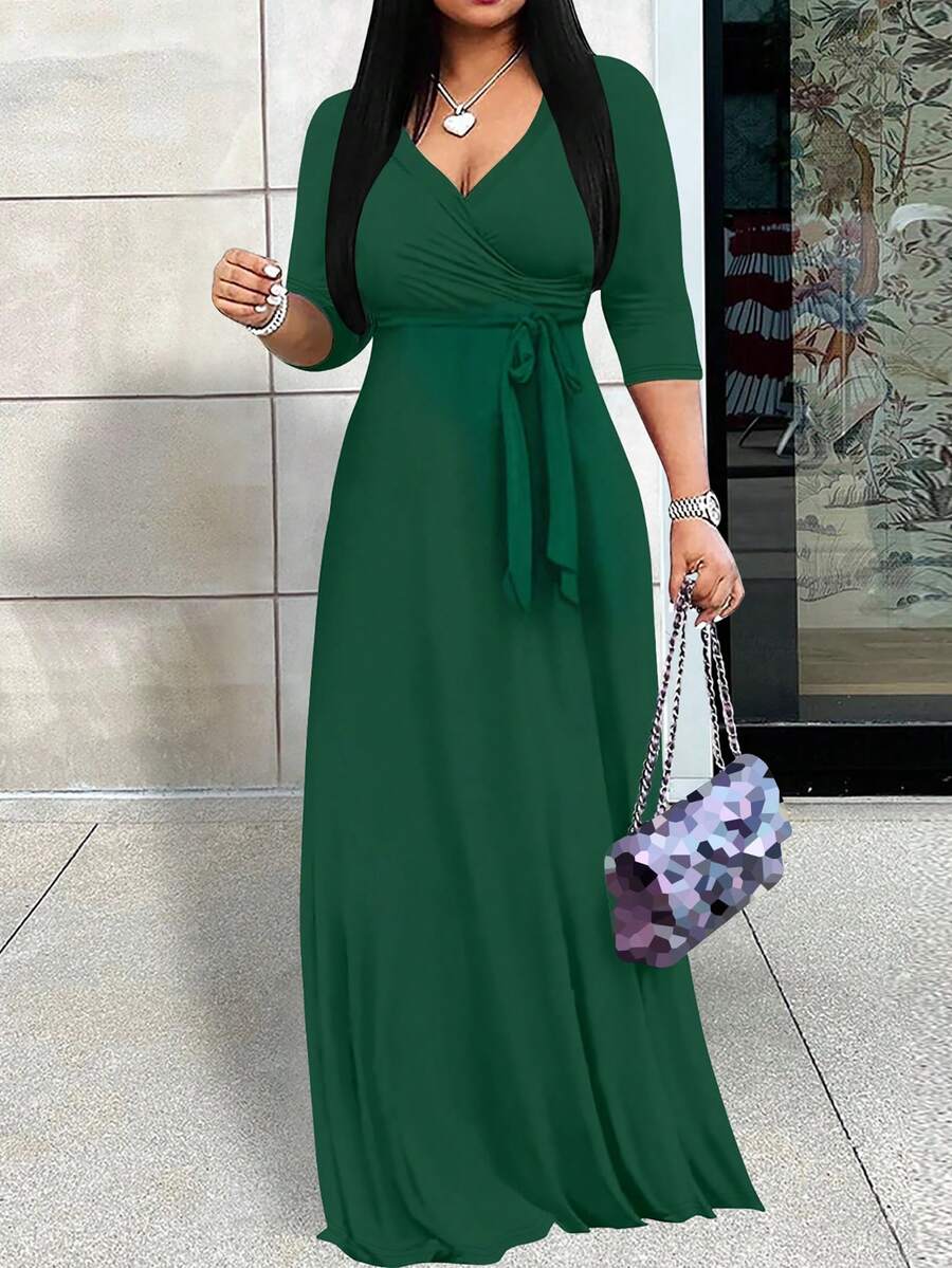 Women's Multi-Color Mixed Dress With Deep V-Neck And Waist Design, Elegant For Dining Out, Shopping And Other Occasions - Green - View 1
