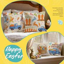 4pcs Easter Themed Pastoral Rabbit, Egg, Carrot, Small Car Illustration Cushion Cover, Single-Sided Printed Pillow Case, Suitable For Living Room, Bedroom, Home Decor, All Seasons - Pillow Insert Not Included - Multicolor 03 - View 8