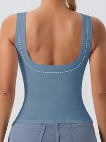 Ladies' Large U-Shaped Beautiful Back Casual Sports Vest, Women's Detachable Chest Pad, Fitted Solid Color, Worn Inside And Outside, Base Layer, Tank Vest - 淺藍色 - 查看 2