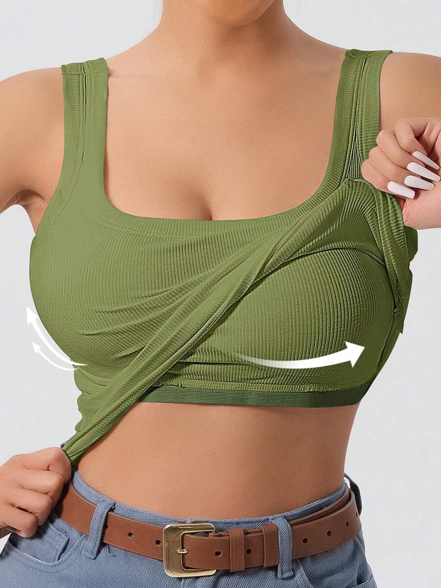 Ladies' Large U-Shaped Beautiful Back Casual Sports Vest, Women's Detachable Chest Pad, Fitted Solid Color, Worn Inside And Outside, Base Layer, Tank Vest - xanh quân đội - Xem 1
