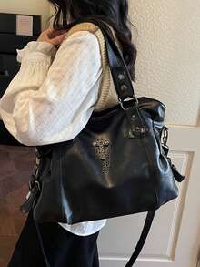 Retro Minimalist Large Capacity Fashion Student/Work Commute Tote Bag - Black - View 6