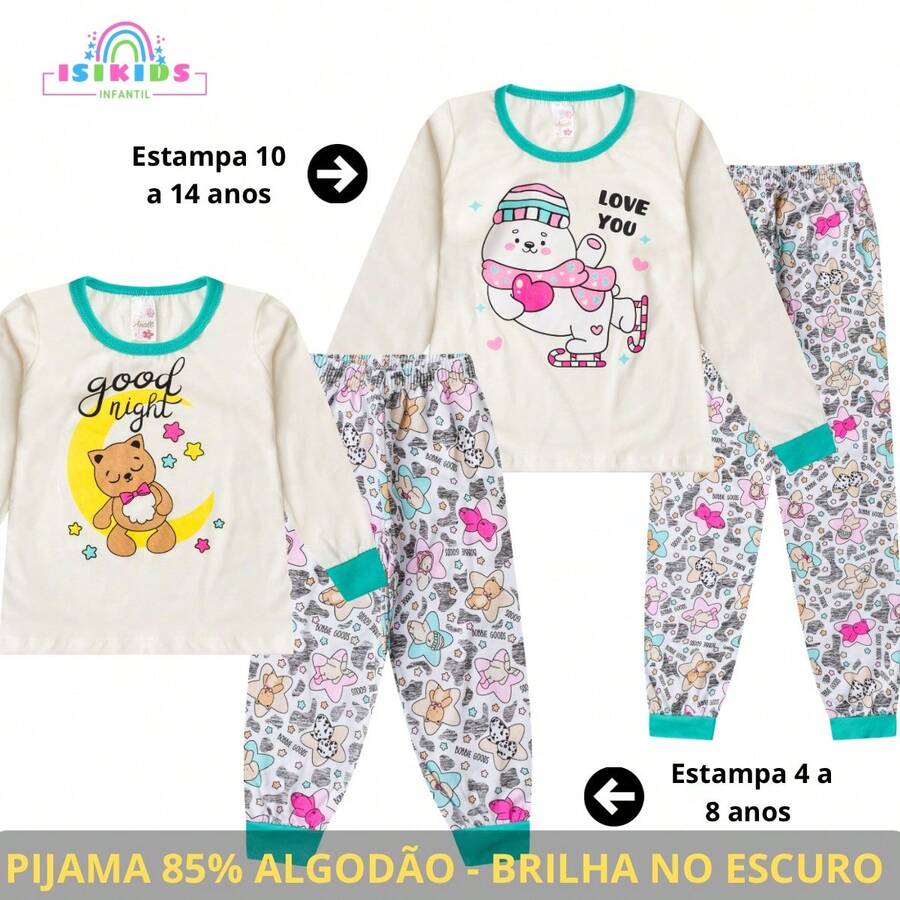 2-Piece Girls' Winter Pajamas, Ages 2-14, Long-Sleeved Sleepwear - 1 Top And 1 Pants - 米色 2 - 查看 1