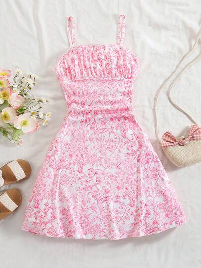 1 pieza Vestido fluido con estampado floral ditsy para niñas, estilo dulce y suave para uso al aire libre, diario, citas, trayectos, verano