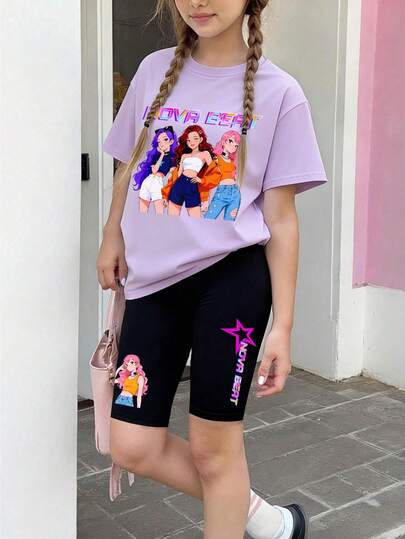 Conjunto de 2 piezas para niñas: Camiseta de manga corta con cuello redondo y estampado de 3 niñas + Pantalones cortos ajustados con estampado de letras coloridas y niñas, nuevo conjunto de primavera/verano para niñas