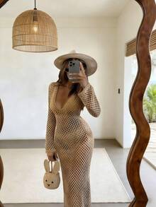 Đầm maxi dài tay khoét rỗng 2 trong 1, cổ chữ U, tay loe, màu trơn, kiểu áo khoác ngoài bikini móc len gợi cảm và ngọt ngào, phù hợp cho mùa xuân, hè, thu và đông. - Màu Khaki - Xem 4