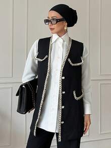 Livesso Women's Business Casual Knitted Sleeveless Jacket With Strap Patchwork,Fall Clothes Vest - Black - View 2