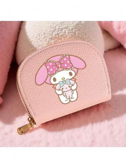 Sanrio 1个库洛米肉桂狗Hello Kitty美乐蒂Pochacco PU皮革钱包名片夹带拉链，可爱零钱包带钥匙扣，适合女孩、女士、青少年，多功能可爱卡通拉链小包，适合日常使用、学校、办公室、旅行礼物