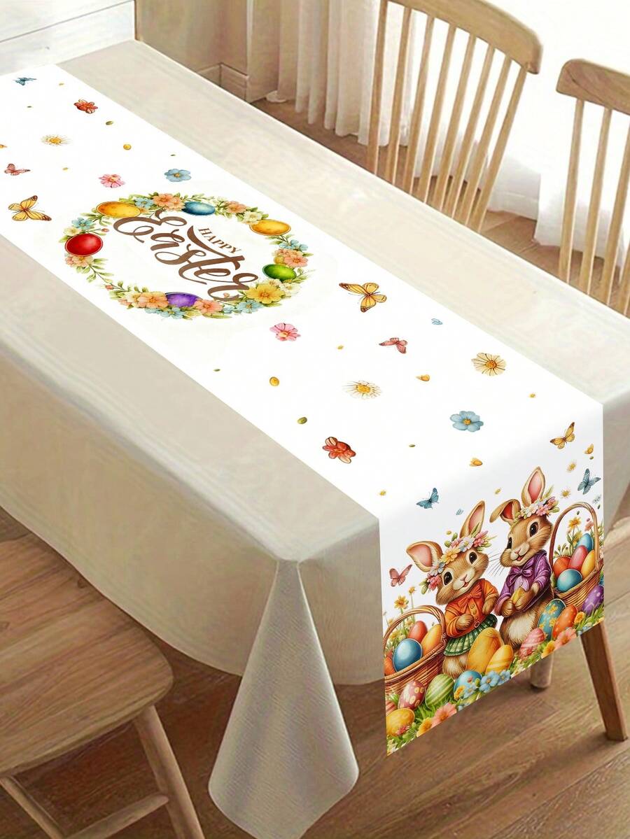 1 pieza Conejito colorido, huevo, mariposa Patrón de 35*180cm Camino de mesa de estilo granja de poliéster para Pascua, decoración alegre del hogar para Pascua, decoración de mesa de comedor para las vacaciones de primavera 2026
