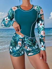 Conjunto De Traje De Baño Pantalones Cortos Y Camiseta Con Estampado Tropical Aleatorio Para Playa De Verano - Verde esmeralda - Ver 1