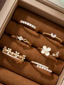 6件套优雅小众奢华时尚百搭水钻仿珍珠花朵心形铜合金戒指套装，适合女士日常及节日佩戴 - 六件組戒指-A款 - 查看 1