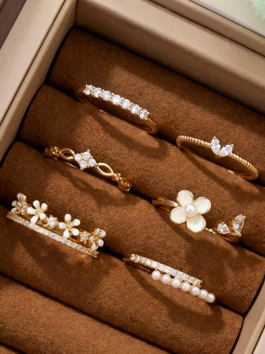 6件套优雅小众奢华时尚百搭水钻仿珍珠花朵心形铜合金戒指套装，适合女士日常及节日佩戴 - 六件組戒指-A款 - 查看 1