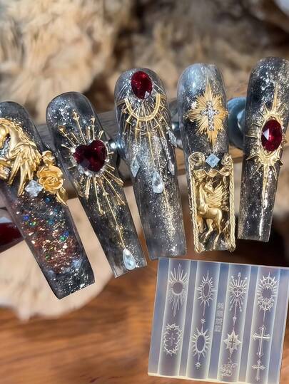 圣十字复古花卉剑雕刻硅胶美甲模具，高透明度