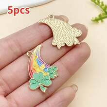 5件套DIY吊坠套装 | 幸运绿色珐琅吊坠，饰有三叶草和小妖精图案，锌合金材质，适用于圣帕特里克节珠宝制作 - 彩色 - 查看 15