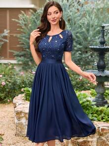 MIUSOL Đầm midi xếp ly bằng chiffon, cổ khoét rỗng, đính sequin và ren hoa, kiểu dáng chữ A, thích hợp làm đầm dự tiệc cưới. - Màu xanh hải quân - Xem 6